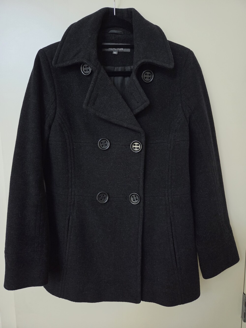 Kenneth Cole Reaction Wool Blend Double Breasted Peacoat Charcoal Gray 12